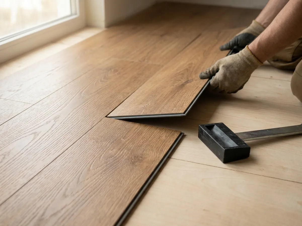 Luxury vinyl plank being locked into place during an installation